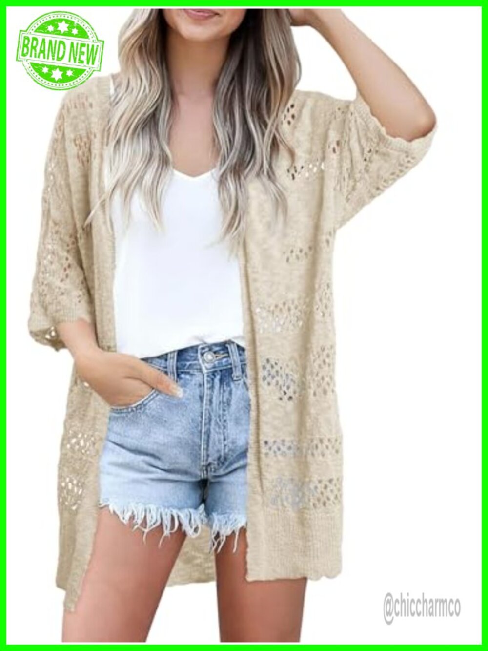 Crochet Knit Open Front Cardigan Short Sleeve Oversized Boho Sweater